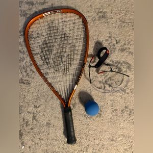 Racquetball racquet, safety glasses, ball